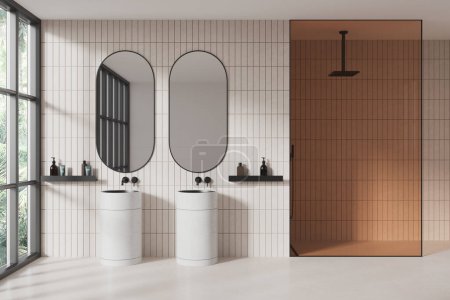 Téléchargez les photos : Intérieur de la salle de bain moderne avec des murs en carrelage blanc, sol en pierre, confortable lavabo double blanc avec deux miroirs ovales et confortable douche à l'italienne avec mur de verre. Rendu 3d - en image libre de droit