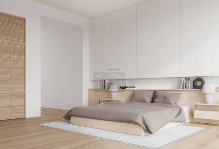 Photo for Corner of modern bedroom with white walls, wooden floor, comfortable king size bed with beige blanket and wooden wardrobe. 3d rendering - Royalty Free Image
