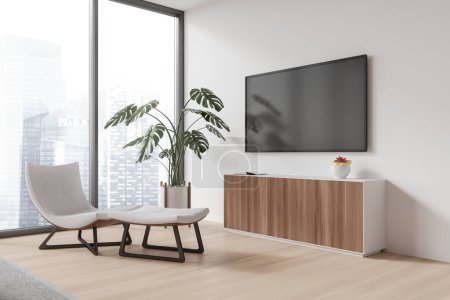 Foto de Esquina de la moderna sala de estar con paredes blancas, suelo de madera, cómodo sillón blanco, vestidor de madera y televisor de pantalla plana moderno colgando por encima de ella. renderizado 3d - Imagen libre de derechos