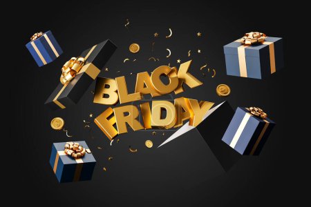 Téléchargez les photos : Boîte cadeau ouverte noire avec confettis tombants et vente de vendredi noir surgissant. Concept de remise, marketing et achats en ligne. Illustration de rendu 3D - en image libre de droit