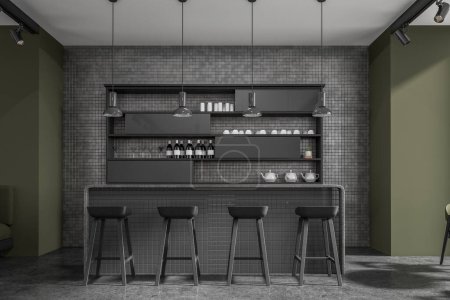 Photo for Dark bar interior with countertop and stool in row, grey granite floor. Shelf with dishes and bottles. Modern tile cafe eating space with minimalist furniture. 3D rendering - Royalty Free Image