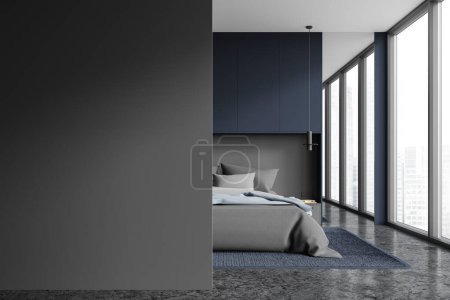 Photo for Dark home bedroom interior with bed and grey linens, carpet on granite floor. Stylish sleep room with panoramic window on skyscrapers. Mockup copy space wall. 3D rendering - Royalty Free Image
