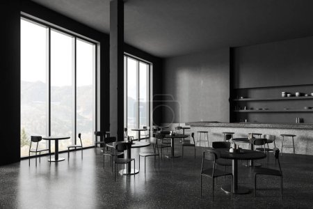 Téléchargez les photos : Coin du restaurant moderne en style loft avec murs gris, sol en béton, bar massif avec tabourets, canapé confortable et tables rondes avec chaises. Rendu 3d - en image libre de droit
