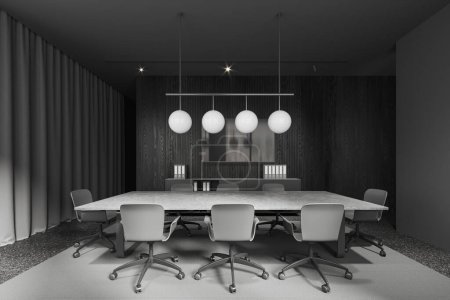 Foto de Interior de la elegante sala de conferencias con paredes grises y de madera, suelo de hormigón, mesa de conferencias larga con sillas grises y televisor colgando de la pared. renderizado 3d - Imagen libre de derechos