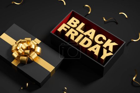 Photo for View of black and red present box with gold black Friday text and box cover with golden bow over black and gold background. Concept of black Friday sale. 3d rendering - Royalty Free Image