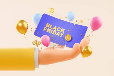 Photo for Cartoon man hand giving a blue coupon for black friday, colorful flying balloons and confetti with falling coins. Concept of holiday discount, sale and gift. 3D rendering illustration - Royalty Free Image