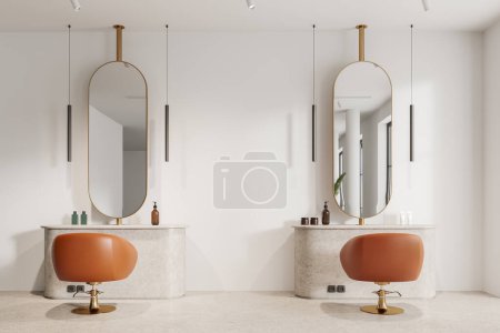 Téléchargez les photos : Salon de beauté de luxe intérieur avec de grands miroirs, deux fauteuils tournants orange en rangée sur sol en granit clair. Commode en marbre avec accessoires et lampes. rendu 3D - en image libre de droit