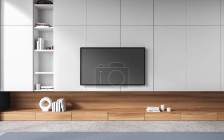Foto de Interior de la elegante sala de estar con paredes blancas y de madera, suelo de hormigón, televisor de pantalla plana moderna colgando de la pared y estantes blancos cerca de ella. renderizado 3d - Imagen libre de derechos