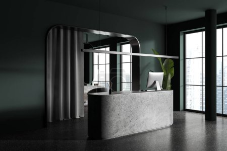 Téléchargez les photos : Salon de beauté de luxe intérieur avec réception et ordinateur PC, vue latérale cloison voûte avec rideau gris. Fenêtre panoramique sur les gratte-ciel. rendu 3D - en image libre de droit