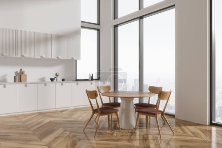 Photo for White home kitchen interior with dining table and chairs, side view hardwood floor. Eating and cooking corner with cabinet and panoramic window on skyscrapers. 3D rendering - Royalty Free Image