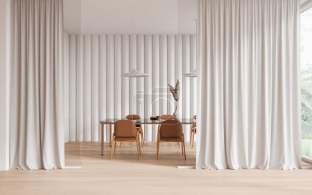 Foto de Interior de comedor moderno con paredes blancas y de vidrio, suelo de madera, mesa de comedor larga con sillas beige y cortinas blancas acogedoras. renderizado 3d - Imagen libre de derechos