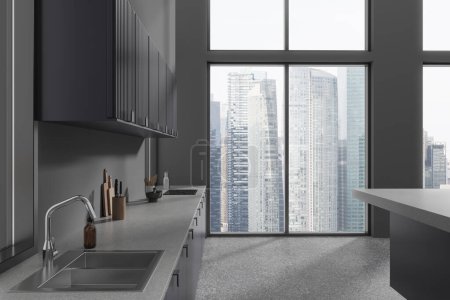 Photo for Dark home kitchen interior with shelves and bar counter, sink and stove with kitchenware. Panoramic window on Singapore skyscrapers. Cooking area in modern apartment. 3D rendering - Royalty Free Image