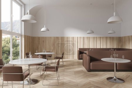 Foto de Interior de restaurante de madera y blanco con mesa y sillas, sofá de cuero marrón en fila con lámparas, piso de madera. Ventana panorámica del complejo hotelero. Renderizado 3D - Imagen libre de derechos