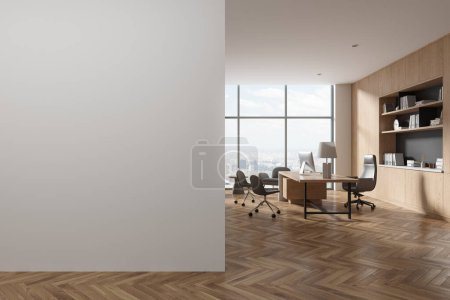 Photo for Cozy office room interior with pc computer on desk, armchairs and shelf with decoration. Panoramic window on New York skyscrapers. Mockup empty wall partition. 3D rendering - Royalty Free Image