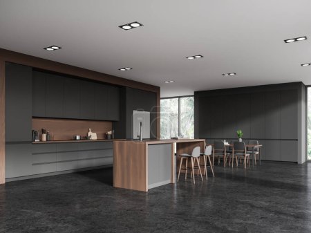 Photo for Dark home kitchen interior with bar counter and luxury cabinet design, side view fridge and dining table with armchairs and panoramic window on tropics. 3D rendering - Royalty Free Image