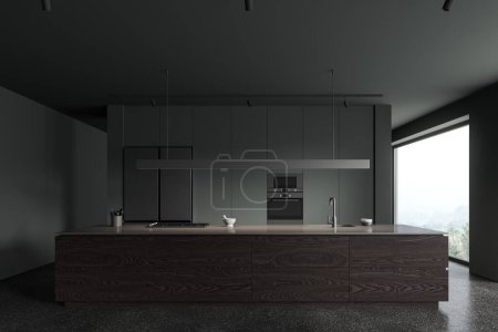 Photo for Dark home kitchen interior with long bar counter, stove and sink. Luxury cooking cabinet with fridge, kitchenware in modern apartment with panoramic window on countryside. 3D rendering - Royalty Free Image