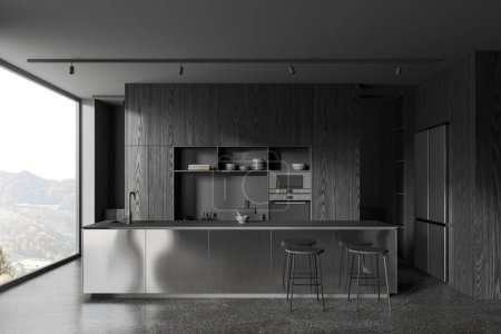 Photo for Dark hotel kitchen interior with metal bar island with sink and oven. Built-in wall shelves with dishes and kitchenware, cooking space with fridge and panoramic window. 3D rendering - Royalty Free Image