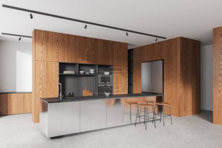 Foto de Interior de la cocina de madera y blanco con barra de metal isla, esquina de cocina vista lateral con estantes y platos, refrigerador y horno montado. Renderizado 3D - Imagen libre de derechos