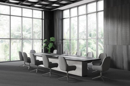 Photo for Dark conference interior with chairs and board, side view plant in the corner on carpet. Minimalist meeting corner and panoramic window on tropics. 3D rendering - Royalty Free Image