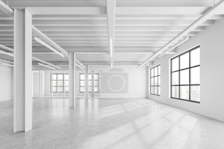 Téléchargez les photos : Intérieur du bureau d'entrepôt vide moderne avec murs blancs et en verre, sol en béton, colonnes et grandes fenêtres. Marché immobilier. Rendu 3d - en image libre de droit