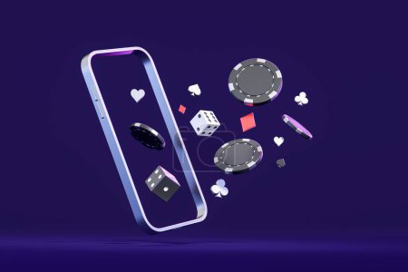 Abstract phone screen with flying poker chips and dice, online casino and bet. Concept of games, gambling, mobile app and addiction. 3D rendering illustration