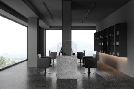 Photo for Dark barber shop interior with black armchairs and stone counter, mirror and panoramic window on countryside. Beauty care or hygiene space with shelf and cosmetics. 3D rendering - Royalty Free Image