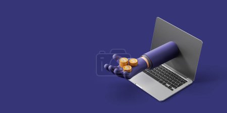 Photo for Cartoon character man holding out money, hand in black glove through laptop screen. Concept of financial crime, internet fraud and swindling. 3D rendering illustration - Royalty Free Image