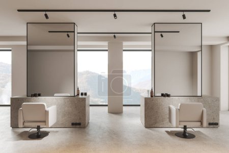 Luxus-Salon-Interieur mit rotierenden Sesseln und Spiegel, heller Granitboden. Kommode aus Stein mit Accessoires und Ledersitzen in Reihe, Panoramafenster auf die Landschaft. 3D-Rendering