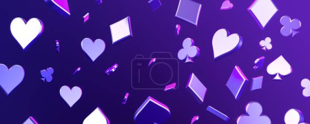 Purple shining playing cards symbols falling, wide format banner for website. Heart, spade, diamond and club. Concept of poker, online casino and gambling. 3D rendering illustration