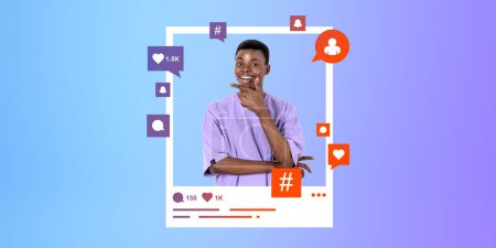 Téléchargez les photos : Happy african man photo postée sur les médias sociaux flux, commentaires et aime notification et pop-up, hashtag et les cœurs. Concept d'internet, de communication en ligne et de feedback - en image libre de droit