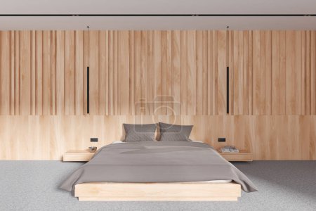 Téléchargez les photos : Chambre d'hôtel de luxe intérieur avec lit et table de chevet sur tapis gris. Détendez-vous ou dormez avec une décoration minimaliste et un mur en bois lambrissé. rendu 3D - en image libre de droit