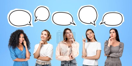 Photo for Multiracial pensive women students thinking and smiling, portraits in row on blue background, mockup thought or speech bubbles. Concept of brainstorm, teamwork and opinions - Royalty Free Image