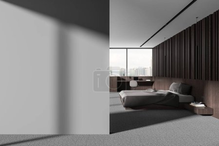 Foto de Casa oscura dormitorio interior cama y lugar de trabajo con escritorio, simulan espacio de copia partición de la pared. Acogedor dormitorio con ventana panorámica a los rascacielos Kuala Lumpur. Renderizado 3D - Imagen libre de derechos