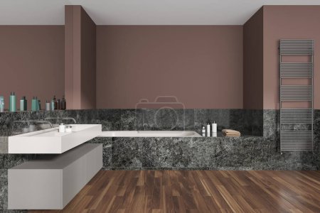 Photo for Interior of stylish bathroom with brown and marble walls, dark wooden floor, big bathtub and cozy double sink with big mirror. 3d rendering - Royalty Free Image