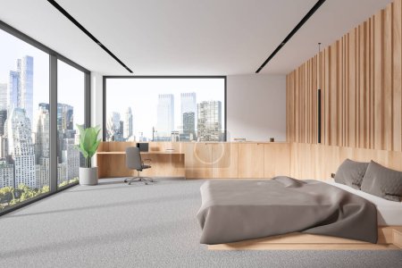 Foto de Elegante habitación de hotel cama interior y lugar de trabajo con escritorio, alfombra en el suelo. Acogedor dormitorio con zona de trabajo, ventana panorámica a los rascacielos de Nueva York. Renderizado 3D - Imagen libre de derechos