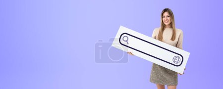Photo for Happy young European woman holding internet search bar sign standing over purple copy space background. Concept of online search, web surfing and internet research - Royalty Free Image