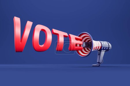 Photo for View of megaphone decorated with USA flag pattern over blue background with red word vote. Concept of American election campaign and democracy. 3d rendering - Royalty Free Image