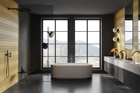 Photo for Yellow and black home bathroom interior with bathtub, shower with glass partition, double sink with accessories and decoration. Panoramic window on countryside. 3D rendering - Royalty Free Image