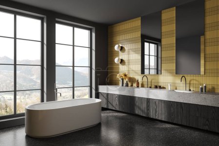 Photo for Black and yellow home bathroom interior with bathtub and double sink, side view vanity with accessories and decoration. Bathing corner with panoramic window on countryside. 3D rendering - Royalty Free Image