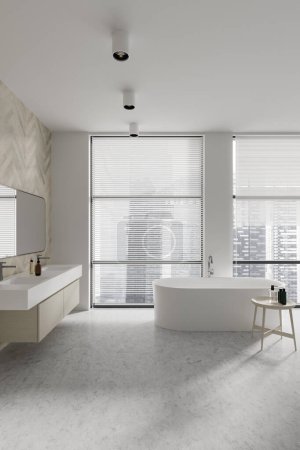 Photo for White home bathroom interior with double sink and bathtub, vanity and stool with accessories. Luxury elegant bathing area with panoramic window with jalousie on Singapore skyscrapers. 3D rendering - Royalty Free Image