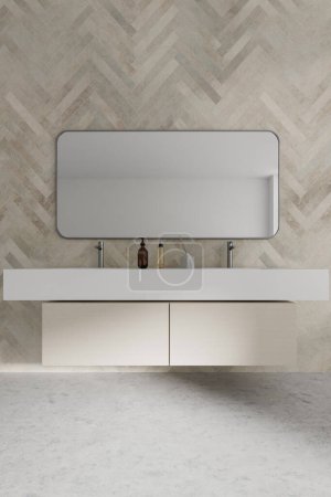 Téléchargez les photos : Élégant intérieur de salle de bain avec double lavabo et miroir, vanité avec accessoires minimalistes. Salle de bain de luxe carrelage avec sol en béton clair. rendu 3D - en image libre de droit