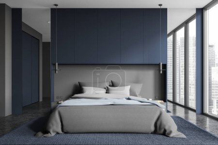 Foto de Interior oscuro dormitorio con cama y ropa de cama gris, alfombra en el suelo de granito gris. Elegante habitación relajante con diseño minimalista y ventana panorámica en rascacielos. Renderizado 3D - Imagen libre de derechos