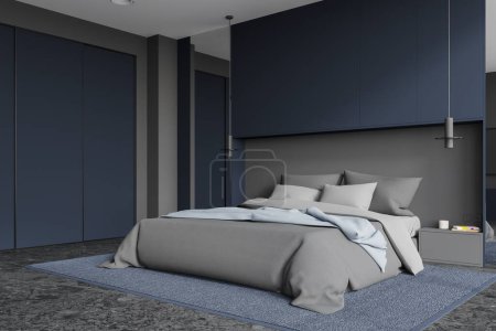 Photo for Dark home bedroom interior with bed and nightstand with books and decoration, side view closet and carpet on grey granite floor. Modern sleeping corner in apartment. 3D rendering - Royalty Free Image