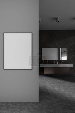 Photo for Dark home bathroom interior with double sink and mirror, vanity with minimalist accessories and panoramic window. Grey bathing room with mockup copy space canvas poster on partition. 3D rendering - Royalty Free Image