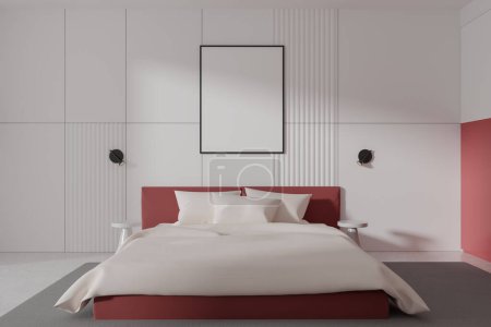 Photo for Red and white hotel bedroom interior bed on carpet, nightstand with lamps and white concrete floor. Sleep room with mock up copy space canvas poster. 3D rendering - Royalty Free Image
