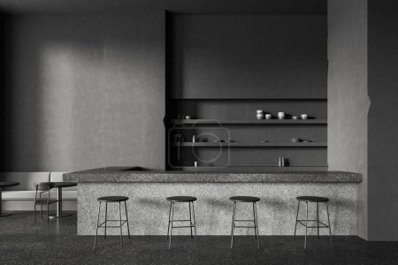 Téléchargez les photos : Intérieur de bar sombre avec comptoir en pierre, coin repas avec chaises et canapé. Étagère murale intégrée avec vaisselle, tabouret en rangée sur sol de granit gris. rendu 3D - en image libre de droit