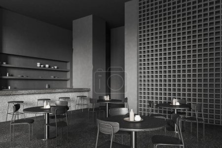 Téléchargez les photos : Intérieur restaurant sombre avec table à manger et chaises en rangée, sol en granit gris. Comptoir en pierre et tabouret de bar, étagère murale intégrée avec vaisselle. rendu 3D - en image libre de droit