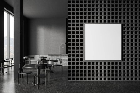 Téléchargez les photos : Intérieur du restaurant moderne de style loft avec des murs gris et géométriques, sol en béton, comptoir de bar massif, canapé confortable, tables rondes avec chaises et affiche maquette carrée. Rendu 3d - en image libre de droit