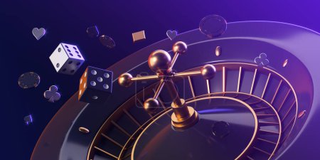 Dark big casino roulette with flying poker chips and dice, wide format banner for website. Concept of online game, gambling and luck. 3D rendering illustration