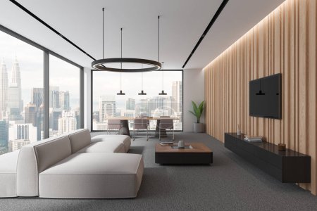 Foto de Elegante hogar interior de la sala de estar con sofá y pantalla de televisión con aparador, comedor con sillas y mesa cerca de la ventana panorámica de los rascacielos Kuala Lumpur. Renderizado 3D - Imagen libre de derechos